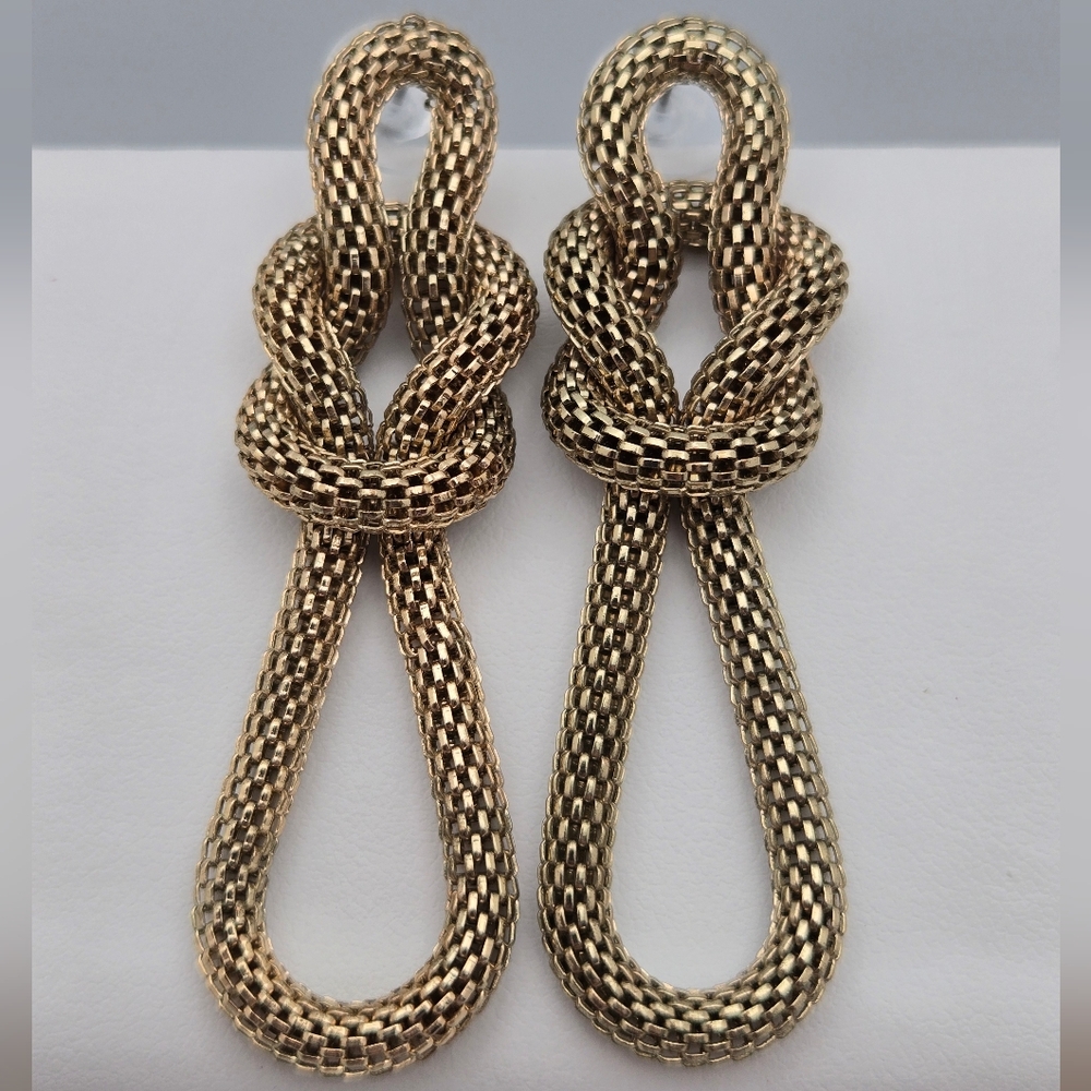 Mesh Knot Drop Stud Earrings Elegant Statement Gold Tone 2.35"